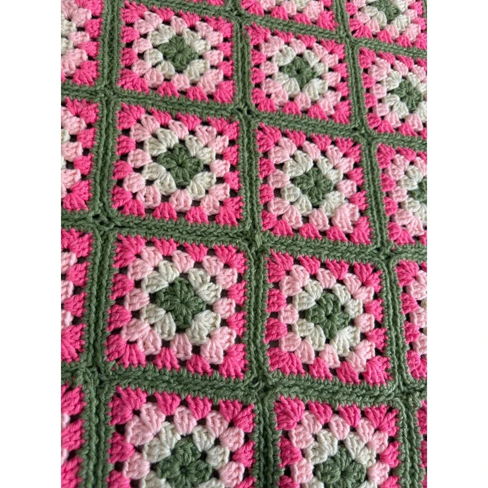 Vintage Crochet Granny Square‎ Afghan 58x64 Pink Green Throw Blanket Handmade